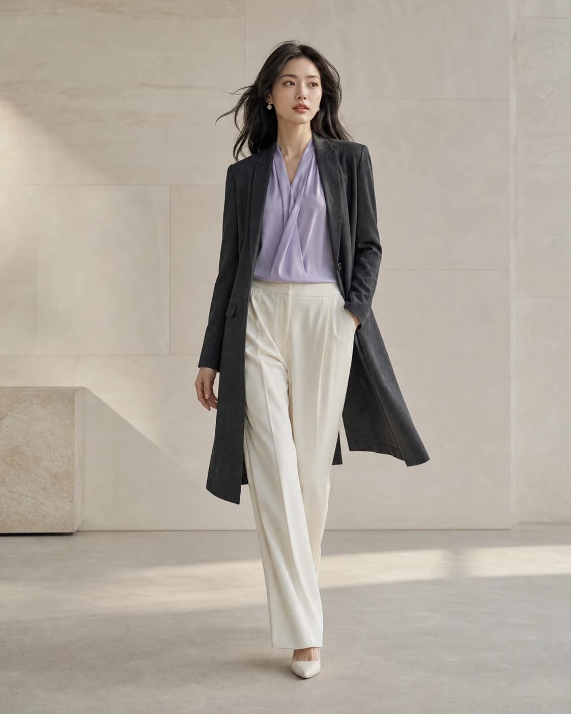 AI-generated model in lavender and charcoal tailoring