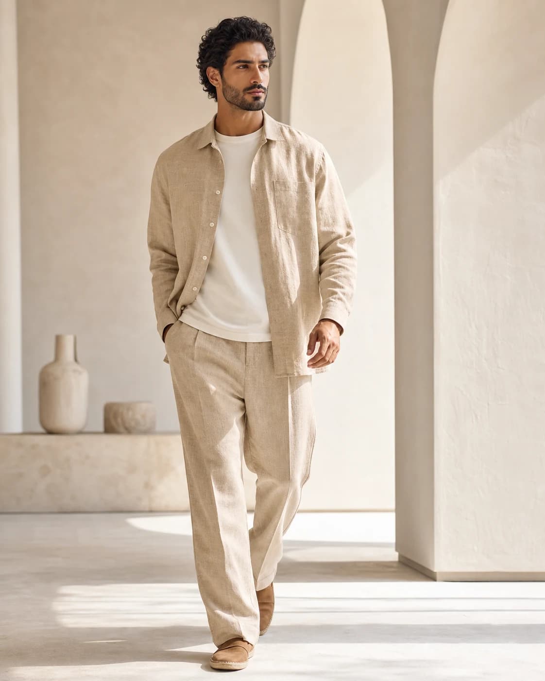 AI-generated model wearing a sand linen set