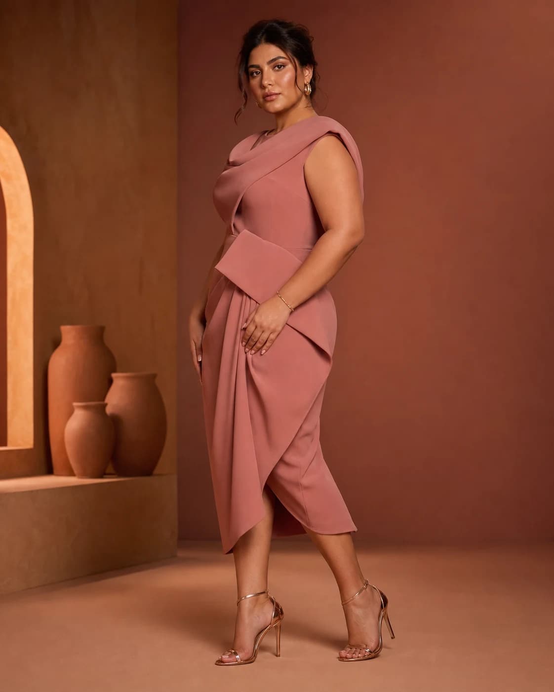 AI-generated model wearing a dusty rose draped dress